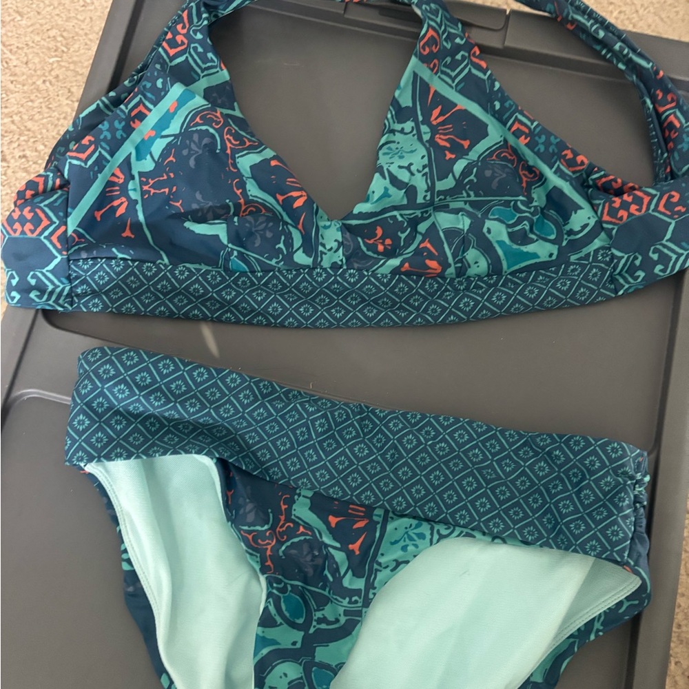 Prana Blue and Red Bikini Set with Textured Design